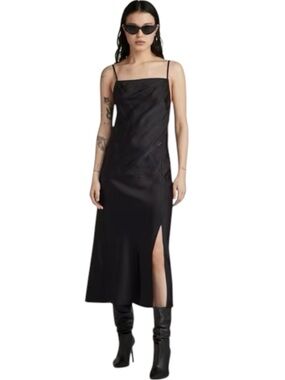 G-Star RAW Black Satin Slip Dress Midi Slit Adjustable Straps NWT Size S